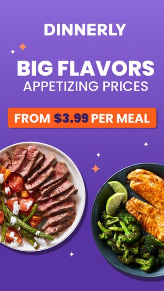 This image ad for Dinnerly promotes their affordable meal kits with a focus on big flavors and appetizing prices. The ad