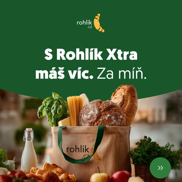 This image ad for Rohlik promotes their Rohlik Xtra service, highlighting the value of getting more for less. The ad fea