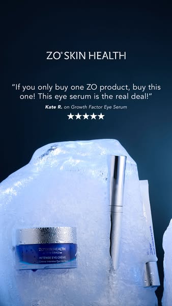 This ad features ZO Skin Health products, highlighting the Growth Factor Eye Serum. It uses a testimonial from a custome