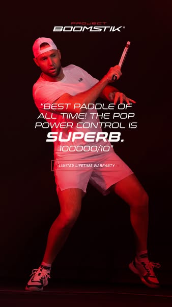 This ad features a tennis player holding a Project Boomstik paddle. The ad includes a quote about the paddle's pop, 