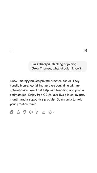 This ad is a screenshot of a text message conversation between a therapist and Grow Therapy. The therapist asks what the