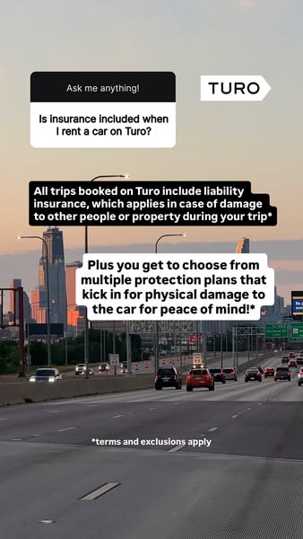 This ad addresses a question about whether insurance is included when renting a car on Turo. It states that all trips bo