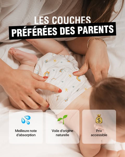 This ad highlights the key features of diapers, emphasizing their superior absorption, natural origin, and affordable pr