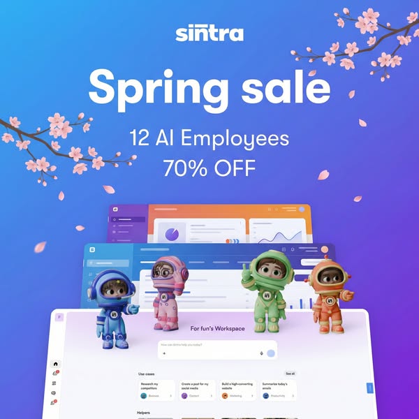 The ad promotes Sintra's Spring sale, highlighting a 70% discount on its 12 AI employees. The creative features cart