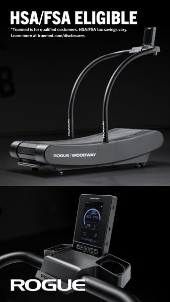 This ad features the Rogue Woodway treadmill and highlights that it is HSA/FSA eligible.