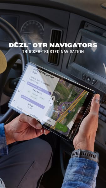 This ad showcases the Garmin dezl OTR navigator, emphasizing its trucker-trusted navigation features. The ad highlights 