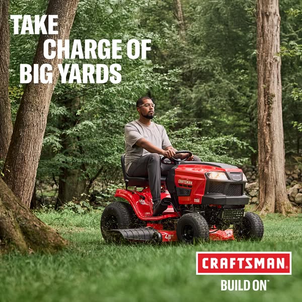 This image ad showcases the Craftsman T110 riding lawn mower in a yard setting. The ad copy, "TAKE CHARGE OF BIG YA