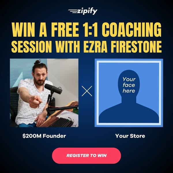 This is an image ad promoting a contest where participants can win a free 1:1 coaching session with Ezra Firestone.
