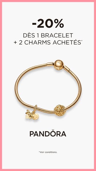 This image ad promotes Pandora jewelry, specifically offering a 20% discount when purchasing one bracelet and two charms