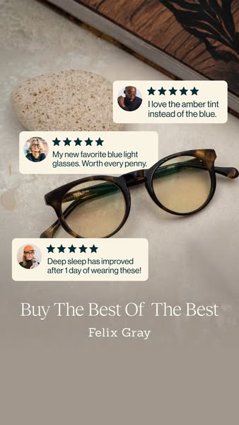 Image ad for Felix Gray blue light glasses featuring customer testimonials, a product shot, and a direct call to action.