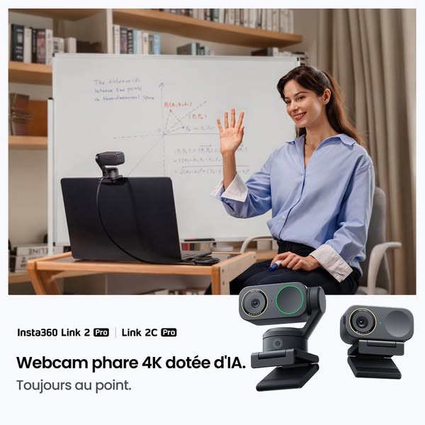 This ad showcases the Insta360 Link 2 Pro and Link 2C Pro webcams, emphasizing their 4K resolution and AI capabilities. 