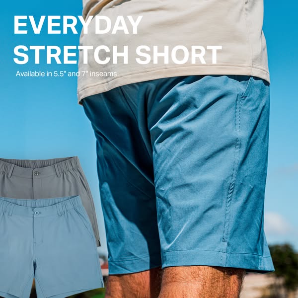 A close-up of a person wearing a pair of blue Everyday Stretch Short shorts with the text overlayed, "EVERYDAY STRE