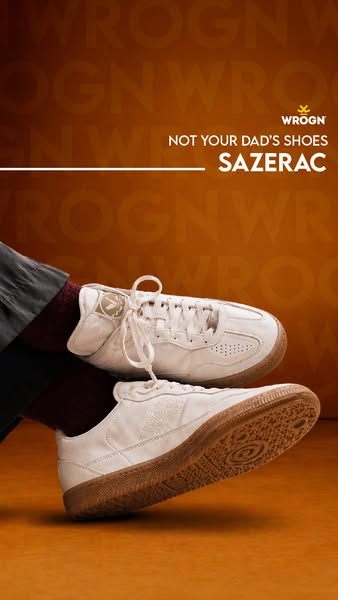 This ad showcases a pair of WRONG sneakers, called SAZERAC, presented as an alternative to typical dad shoes.