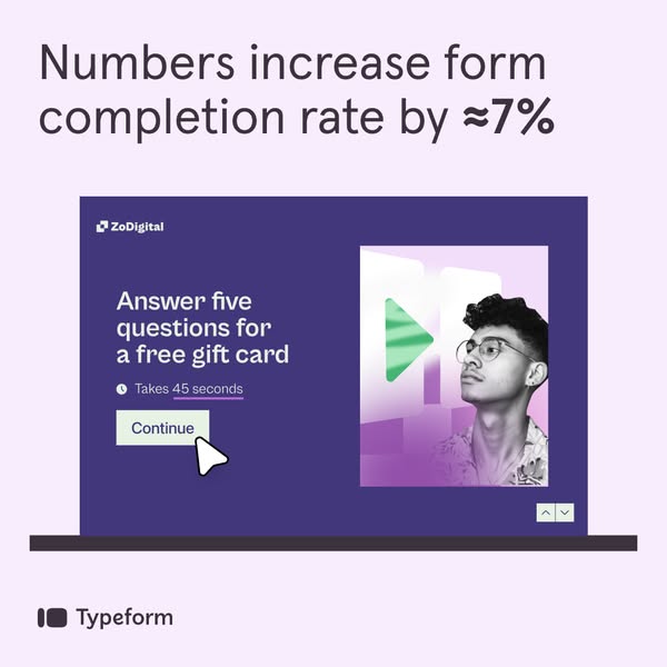 This ad promotes Typeform as a tool to increase form completion rates by using numbers. The ad shows a form with a free 