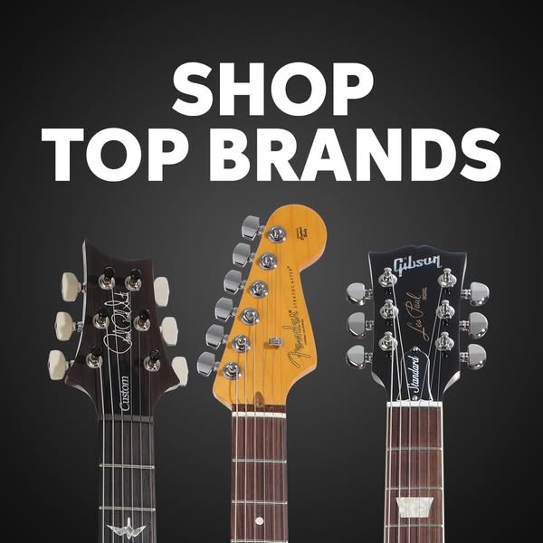 This image ad showcases top guitar brands, specifically Fender, Gibson, and PRS. The ad has a black background and white