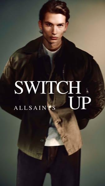 This ad showcases Allsaints clothing, specifically a jacket, on a male model.