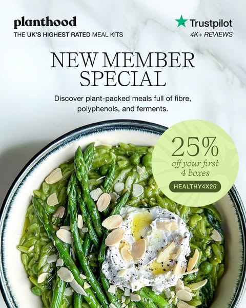 This image ad for Planthood promotes a new member special, highlighting their plant-based meal kits. It features a close