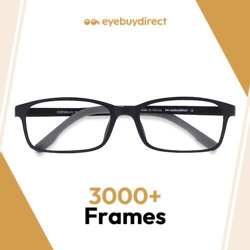 This ad for eyebuydirect features a pair of black-rimmed glasses against a white and tan background. The ad highlights t