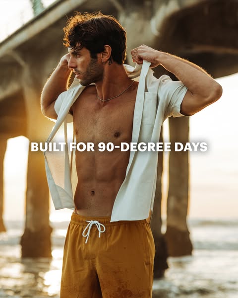 This ad is for a clothing brand showcasing the wearability of a shirt and shorts on a hot day.