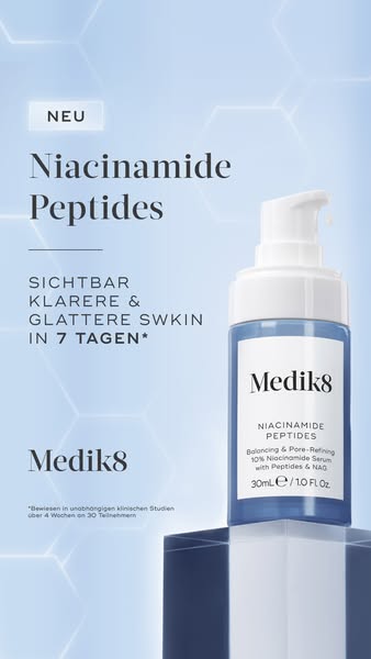 This ad showcases Medik8's Niacinamide Peptides serum, highlighting its ability to deliver visibly clearer and smoot