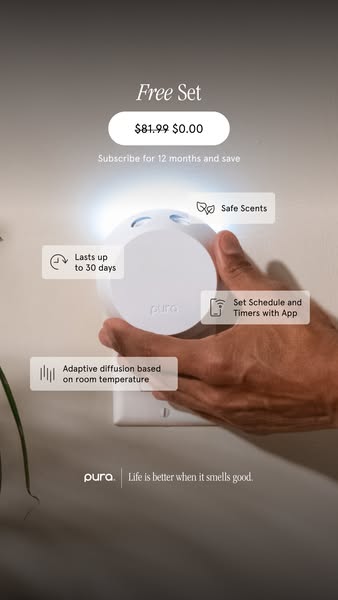 This ad promotes a Pura diffuser set, highlighting its features such as safe scents, long-lasting duration, app-controll