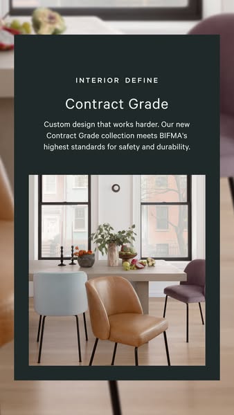 This image ad for Interior Define promotes their Contract Grade collection, emphasizing custom design, safety, and durab