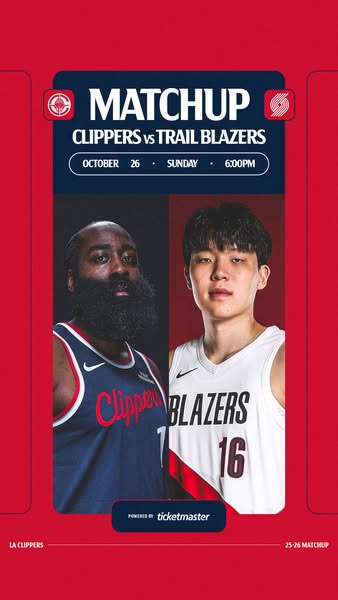 This image is an ad for an upcoming matchup game between the LA Clippers and the Trail Blazers. The ad includes images o