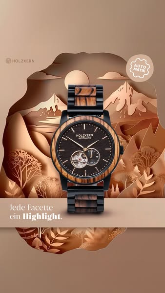 This image ad showcases a Holzkern automatic watch with a wood and black metal band. The watch is displayed against a la