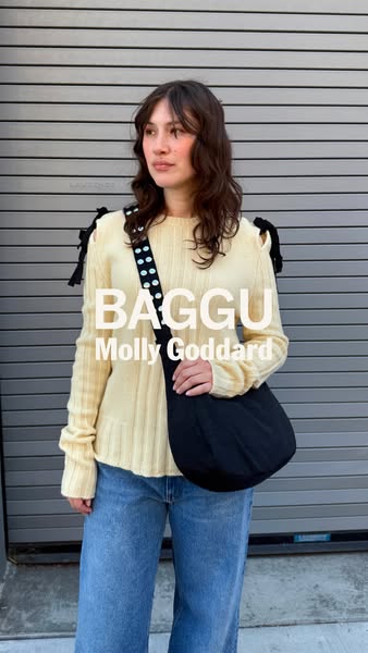 This ad showcases a woman wearing a Baggu purse. The ad highlights the brand and the Molly Goddard collaboration.