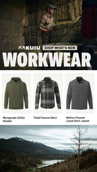 This ad for KUIU promotes their new line of workwear. The ad features a man in an outdoor setting loading hay bales, fol