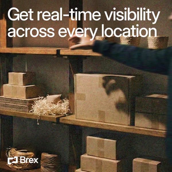 This image ad promotes Brex, emphasizing real-time visibility across multiple locations. The ad features a person's 
