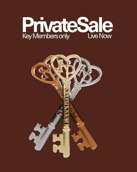 An advertisement for a private sale, exclusive to key members, featuring three metallic keys intertwined, set against a 