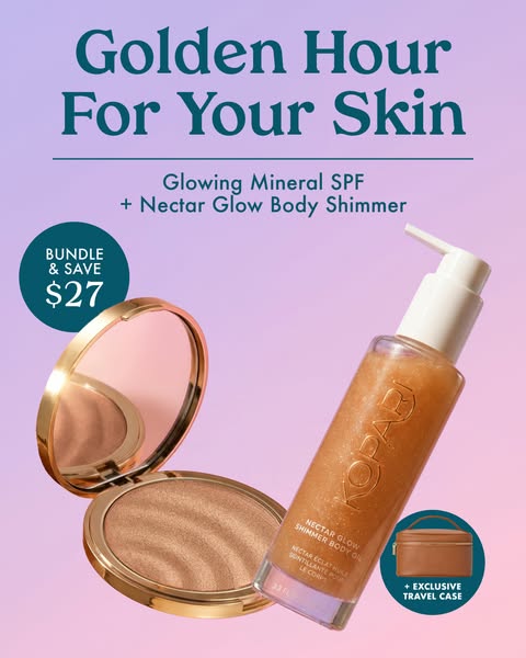 This ad promotes a bundle deal from Kopari that includes Glowing Mineral SPF and Nectar Glow Shimmer Body Oil, plus a fr
