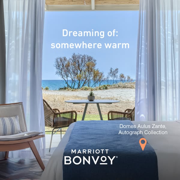 This image ad for Marriott Bonvoy features a view from a hotel room overlooking a beach, with the headline "Dreamin