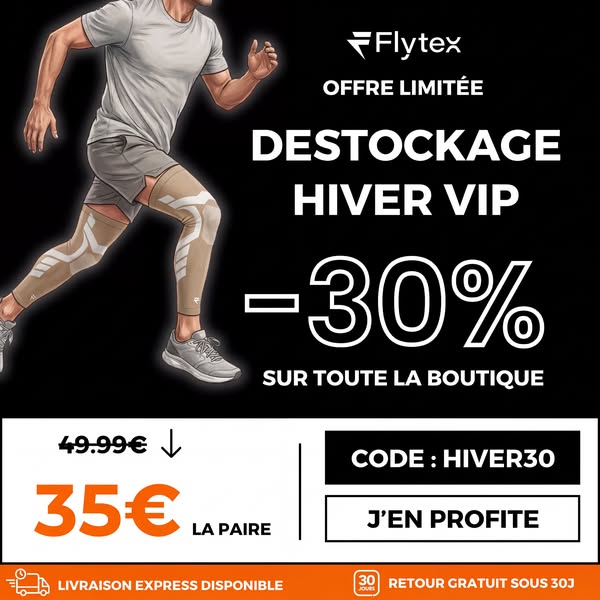 This ad promotes Flytex compression sleeves with a limited-time discount for winter. It features a dynamic image of a ru