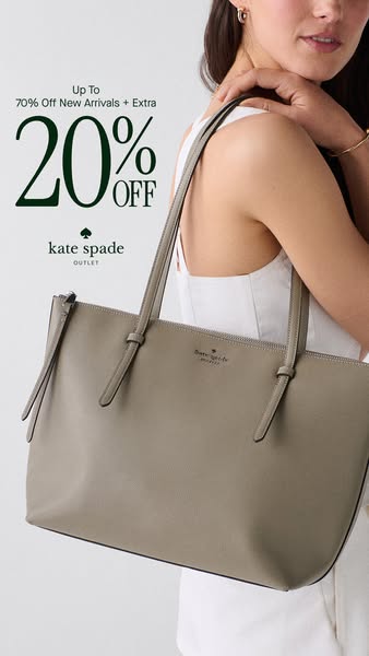 This image ad for Kate Spade Outlet features a woman wearing a light-colored dress and carrying a large gray tote bag ov