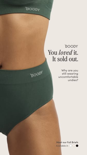 The ad features a close-up shot of a person wearing underwear and a bra from Boody. The ad highlights that the product w