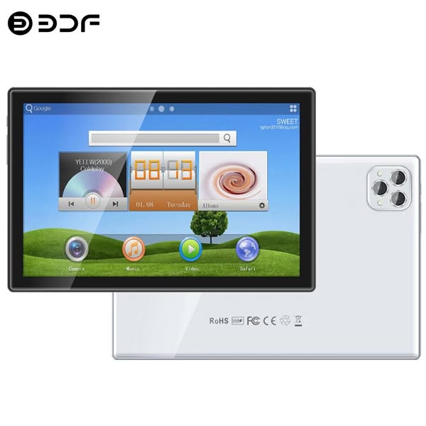 This ad showcases a tablet with a vibrant screen display and user-friendly interface. The device is presented against a 