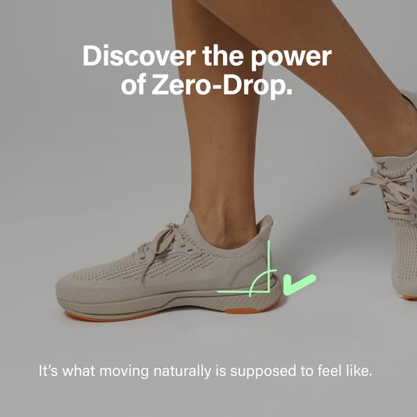 This ad showcases the zero-drop feature of a shoe, emphasizing natural movement and comfort.