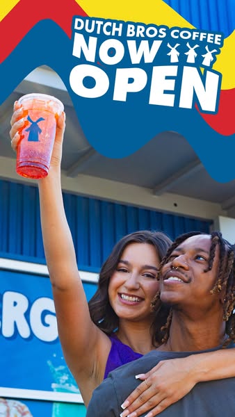This image ad for Dutch Bros Coffee features a young couple celebrating the opening of a new location. The ad uses brigh