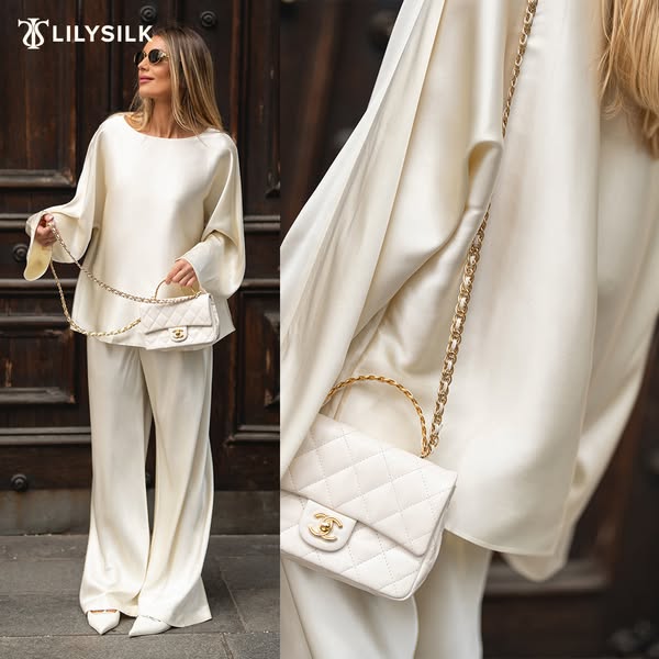 This ad showcases a woman wearing a matching silk top and pants set from LILYSILK. The ad highlights the elegance and st