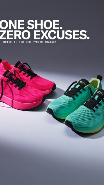This image ad features two pairs of NOBULL shoes. One pair is bright pink and the other pair is light green. The text, “