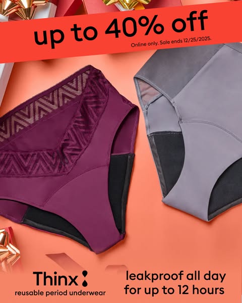 This image ad for Thinx reusable period underwear features a discount of up to 40% off. The ad showcases two pairs of un