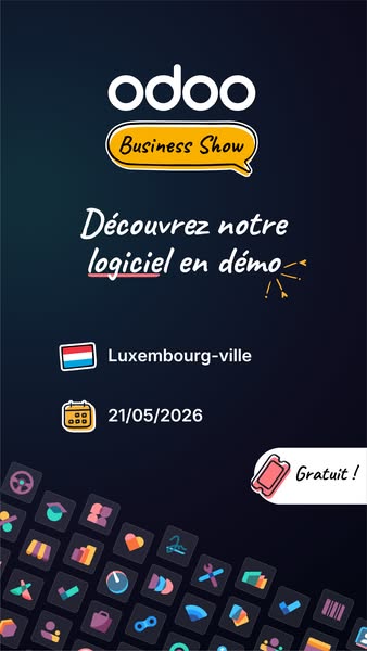 This ad promotes the Odoo Business Show in Luxembourg on May 21, 2026. The ad is designed to look like a phone screen, a
