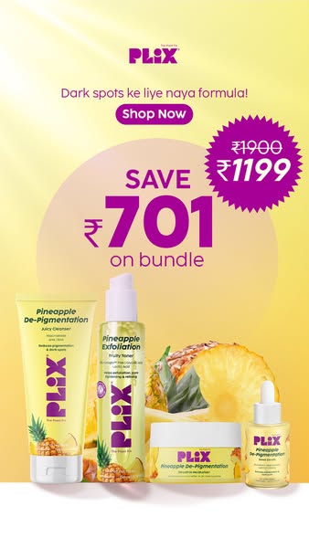 This ad promotes a bundle of Plix skincare products designed to address dark spots, featuring a discount offer and a cal