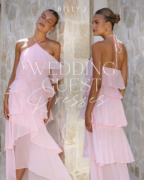 This image ad for Billy J promotes wedding guest dresses. It features two women in pink dresses.