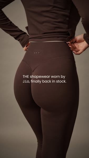 This ad features shapewear leggings and top, and highlights that the shapewear is worn by J.Lo and is back in stock.