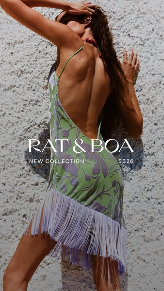 An ad featuring a model wearing a Rat & Boa dress against a textured wall. The ad promotes Rat & Boa's new c