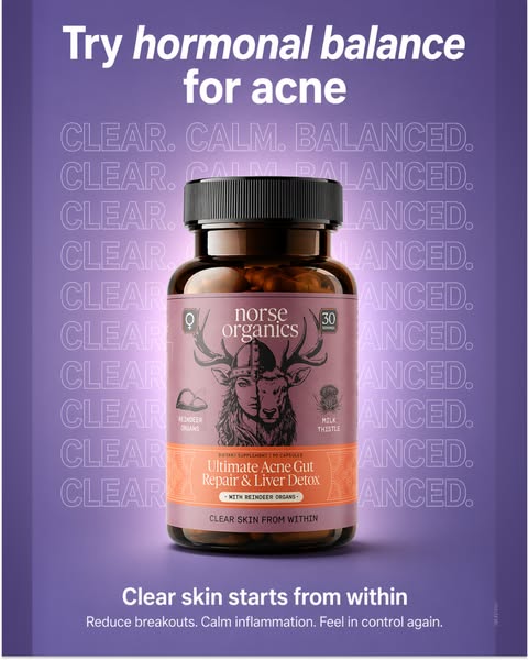 This ad promotes Norse Organics' Ultimate Acne Gut Repair & Liver Detox supplement, highlighting its benefits fo