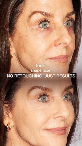 This image ad uses a before and after to demonstrate the results of using Tarte Shape Tape concealer, emphasizing that t